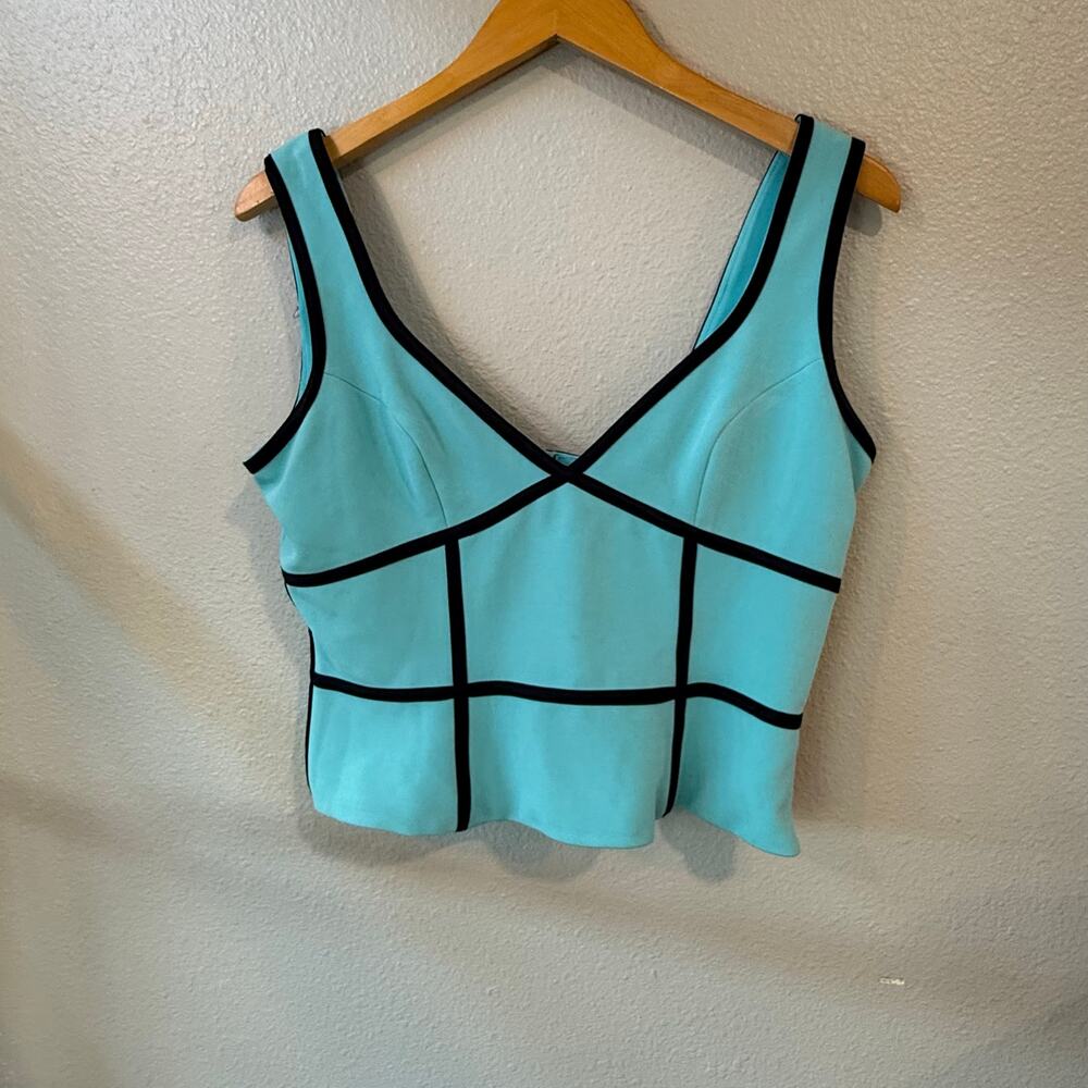 Cache Crop Top Womens 10 Turquoise Blue Black Geometric V-Neck Sleeveless Zip